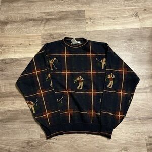 Men's Navy Plaid Crewneck Sweater with Golf Motif